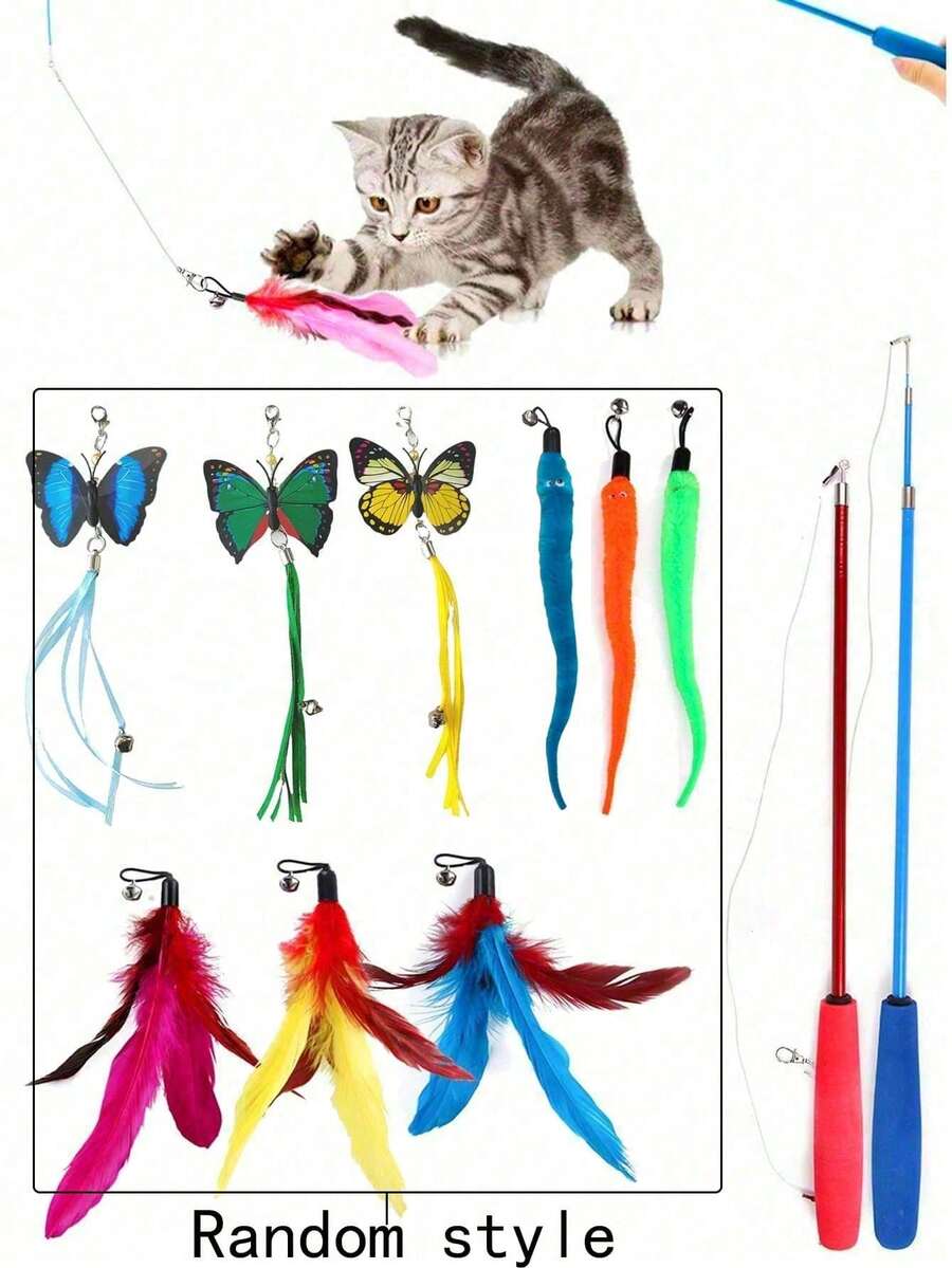 Cat Teaser Toy, Pet Cat Toy Set, Brightly Colored Artificial Feathers, Cat Teaser Stick, Caterpillar Bell, Replaceable Teaser Stick Head, Suitable For Indoor And Outdoor Use, Used For Training, Cultivating Obedience, Relieving Cat's Boredom. - Multicolor - View 1