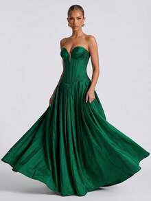 LOVE&LEMONADE Women's Green Sexy Strapless V-Neck Mesh Patchwork Open Back Criss-Cross Tie Back Long Party Evening Gown - Green - View 4