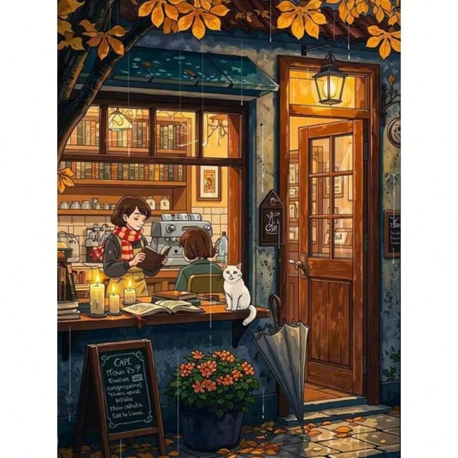 1PC DIY 5D Diamond Painting Kit Coffee Shop Pattern - Round Full Drill Art Mosaic Craft, Home Wall Decor, Unframed - No Frame - View 1