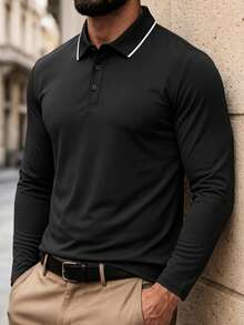 Men's Long Sleeve Golf Polo Shirt, Collared Long Sleeve T-Shirt For Spring And Autumn, Light Business Casual, Suitable For Commuting And Work Wear Men's Top - Black - View 2