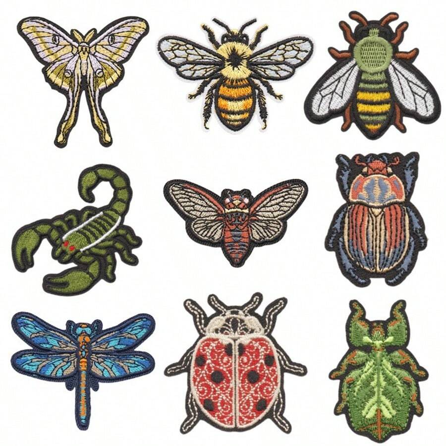 Vintage Insect Embroidered Patches, Bee Butterfly Ladybug Scorpion Beetle Dragonfly Moth Patterns, Iron-On Adhesive Backing Patch, DIY Decorative Embroidery Applique For Clothes Hats Backpacks - 9PCS Insect Pattern - View 1