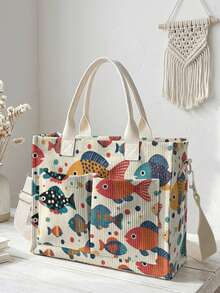 1pc Starfish And Seashells Print Corduroy Multi-Pocket Large Capacity Storage, Snap Button Closure, Shoulder Tote Bag For Student Daily Commute School - Multicolor - View 12