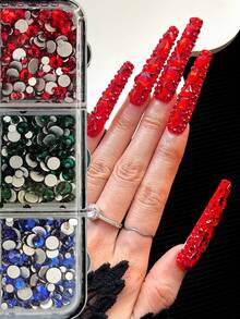 1 Box 6-Grid Mixed Color Round Rhinestone Nail Art Gems, Colorful Flat Bottom Nail Gemstone Set, DIY Nail Decoration, Suitable For Christmas DIY Nail Design And Daily Wear - Multicolor - View 2