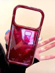 Ins Style Minimalist Laser Burgundy Polka Dot Bow Phone Case Compatible With Apple 18 Pro Max, 17 Pro, New 16 Pro, 15 Pro, Women's Hard Shell With Wrist Strap - Red - View 4