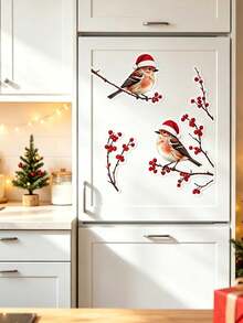 Watercolor Red Cardinal Pine Branch Wall Decal, Orange Kitten Perched On Christmas Pine Branch, Robin Wearing Red Hat, Red Berries, DIY Peel And Stick Vinyl Sticker, Bedroom Kitchen Bathroom Wall Refrigerator Cabinet Toilet Window Christmas Atmosphere Decor, Gift - Multicolor - View 10