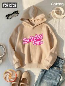 هودي صوف للبنات خريف وشتاء بطبعة Birthday Girl باللون الأبيض والوردي مع نص وأكمام طويلة ستايل Y2K - لون مشمشي - مشاهدة 3