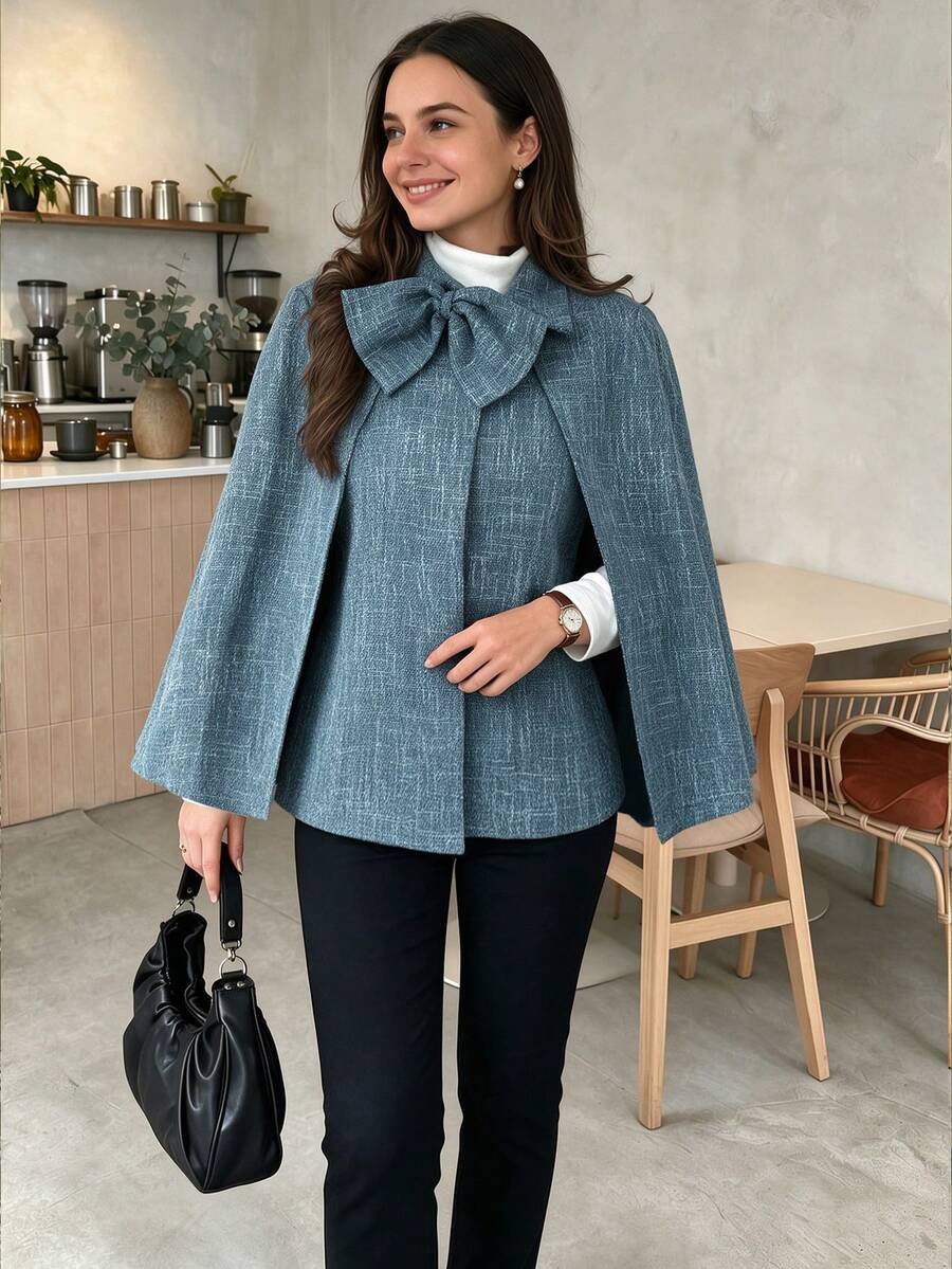 Women's Sleeveless Woven Cape-Style Short Jacket, Regular Length, Decorated With Bows, Perfect Choice For Guest Attire - Blue - View 1