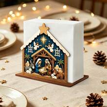Christmas Nativity Scene Wooden Napkin Holder, Holy Family Angel And Farm Animal Pattern Paper Towel Holder, Winter Holiday Kitchen Table Decor, Christmas Tabletop Napkin Organizer (Paper Towels Not Included) - Multicolor - View 4