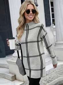 Women's Plaid Loose Casual Side Slit Stand Collar Knit Sweater Pullover, Autumn/Winter Base Layer Knit Top - White - View 4