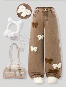 Girls' Bowknot Wide Leg Loose Denim Jeans, Embroidered Straight Leg Denim Pants, Y2K Style, Autumn/Winter New, Suitable For Outings, Dates, Shopping And Various Occasions - Brown - View 2