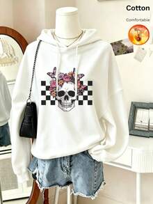 Women's Pure Cotton Hoodie, Autumn/Winter Warm Lining Long Sleeve Loose Fit, Floral Butterfly Print, Drawstring Design - White - View 1