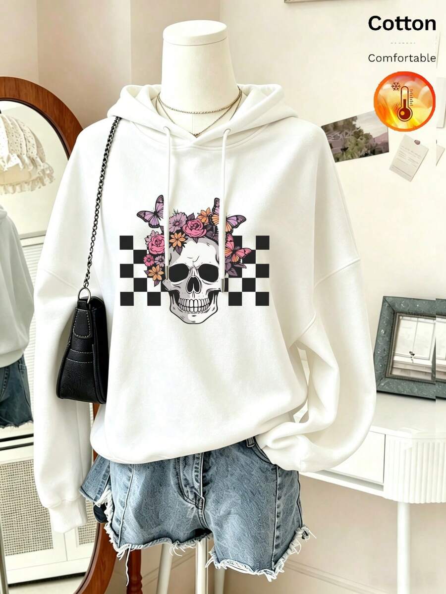 Women's Pure Cotton Hoodie, Autumn/Winter Warm Lining Long Sleeve Loose Fit, Floral Butterfly Print, Drawstring Design - White - View 1