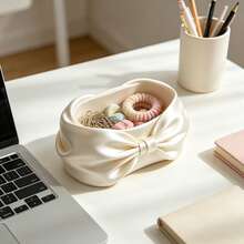 Cream White Large Bow Storage Box Creative Desktop Organizer Box Vanity Jewelry Tray Sweet Girl Style Decorative Box Office Desk Small Item Storage INS Style Ornament Decoration Cute Girl - View 1