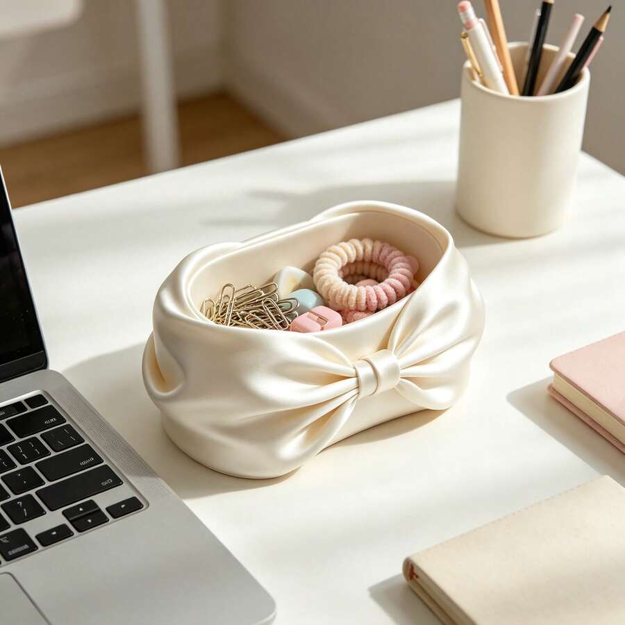 Cream White Large Bow Storage Box Creative Desktop Organizer Box Vanity Jewelry Tray Sweet Girl Style Decorative Box Office Desk Small Item Storage INS Style Ornament Decoration Cute Girl - View 1