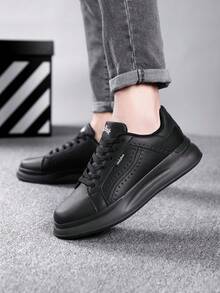 Men's All Black Thick Sole Skateboard Shoes, Pure Black Minimalist Style, Breathable Synthetic Leather Upper With Non-Slip Thick Sole, Suitable For Daily Wear And Street Style - Black - View 2