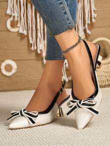 Women's Colorblock Bow Pointed Toe Stiletto Heel Slingback Pumps, Fashion PU Leather Cutout Party Shoes, All Season - Black and White - View 6