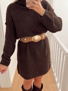 Unadoll Women's Brown High Neck Knitted Sweater, Elegant Basic Style, Suitable For Back To School Season And Daily Wear - Brown - View 11