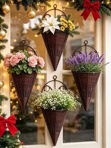 6pcs/4pcs Creative Simulation Fan Hanging Vase Flower Basket Triangle Wall Art Rattan Woven Wall Hanging Flower Device Indoor Decoration Hanging Basket Flower Pot Holder - Flower Basket - View 3