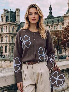 NiceArt Women's Autumn/Winter 3D Butterfly Wool Blend Cardigan, Long Sleeve Round Neck Button, Suitable For Halloween, Christmas, Back To School Dance, Party, Daily Wear - Brown - View 1