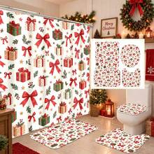 1pc/4pcs Large Bow Gift Box Pine Branch & Star Pattern Multi-Functional Bathroom Decor Shower Curtain Set, Free 12 Hooks, Premium Holiday Atmosphere, Bathroom Mat, U-Shaped Floor Mat And Round Toilet Lid Cover, Suitable For All Occasions, Bathroom Set - Gift Box With Large Bow, Pine Branches, and Stars - View 1