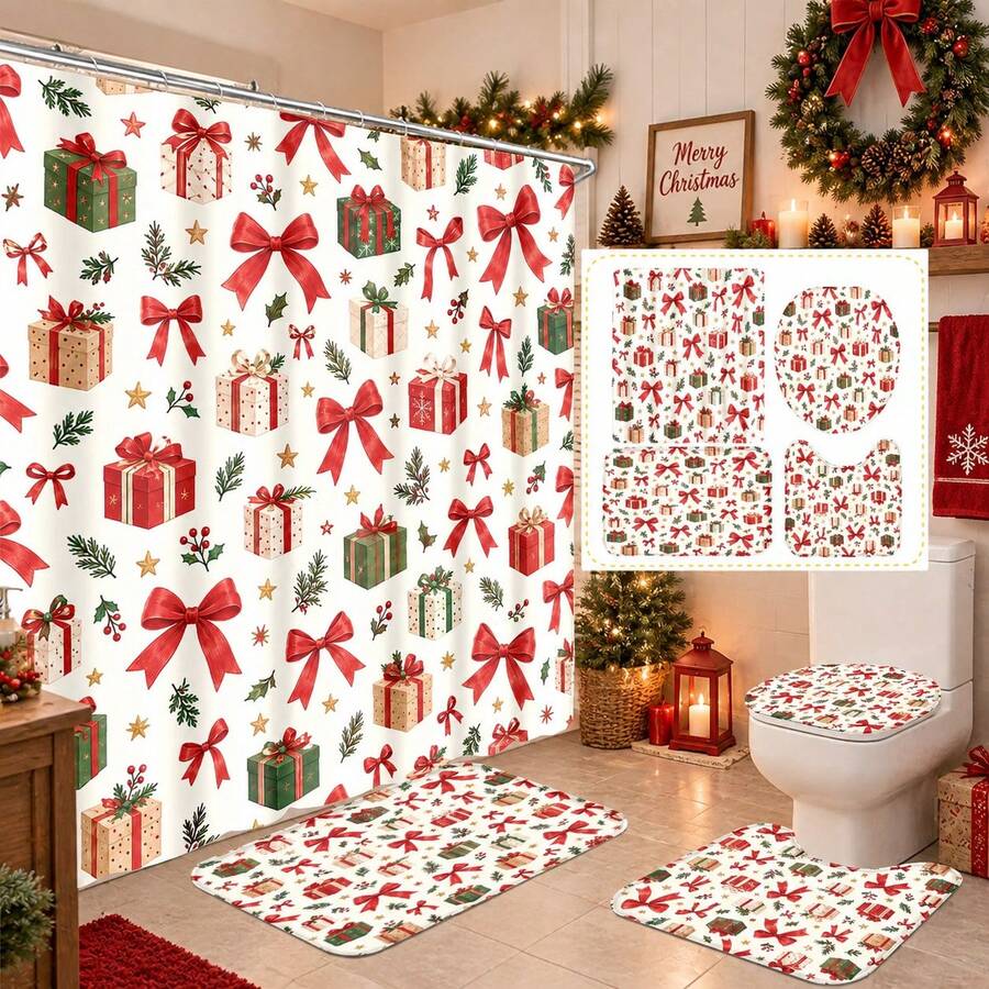 1pc/4pcs Large Bow Gift Box Pine Branch & Star Pattern Multi-Functional Bathroom Decor Shower Curtain Set, Free 12 Hooks, Premium Holiday Atmosphere, Bathroom Mat, U-Shaped Floor Mat And Round Toilet Lid Cover, Suitable For All Occasions, Bathroom Set - Gift Box With Large Bow, Pine Branches, and Stars - View 1