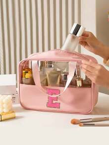 1pc Pink PU Leather Transparent Toiletry Bag, Portable Chenille Letter Storage Bag With Embroidered Letters, Makeup Bag, Wash Bag, Travel Bag, Bathroom Accessory, Suitable For Home, Outdoor, Daily Use. - Multicolor - View 8