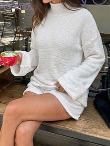 Unadoll Women Fall Winter White Textured Knit Two Pieces Outfit, Elegant Basic Turtleneck Top & Shorts Set For Back To School, Daily Going Out - White - View 6