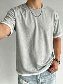 Men's Summer Versatile Casual Minimalist Solid Color Patchwork Crew Neck Short Sleeve T-Shirt - Grey - View 1