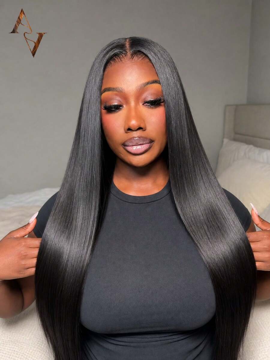 ARABELLA Silky Straight 100% Human Hair 13x6 Glueless Lace Frontal Wig Natural Black Breathable Cap With Drawstring Pre-Cut Lace Pre-Plucked Pre-Bleached Parting Free Beginner Friendly Wig - SNatural - View 1