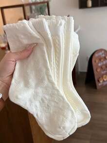 4 Pairs Women's Solid Color Ruffle Trim Cable Knit Printed Mid-Calf Socks, Soft And Comfortable, Suitable For All Seasons, Random Color - White - View 3