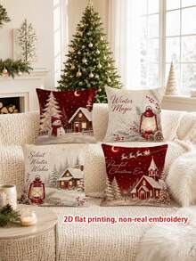 4 Stück, 2D flacher Muster Vintage Weihnachts Kissenbezüge Winter Landhaus Feiertags Dekoration, keine echte Stickerei, Wohnzimmer Raum Dekoration Kissenbezug, Weihnachts- und Neujahrs Heimdekoration, ohne Kissenkern, einseitiger Muster, Geschenke - Rot-Weiß - Übersicht 5
