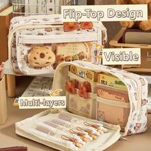 Capybara Large Capacity Transparent Flip Top Pencil Case, Multi-Layer Zipper Design Holds 80 Pens, Cute Multifunctional Storage Bag, Student Stationery Box Makeup Bag, Back To School Essential - A - View 2