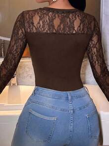 Women's Floral Lace Long Sleeve Bodysuit, Round Neck Contrast Color Mesh Patchwork Slim Fit Casual - Brown - View 4