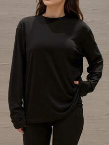 Slightly Dropped Shoulder Long Sleeve T-Shirt, Solid Black, Loose Casual Fit - Black - View 4