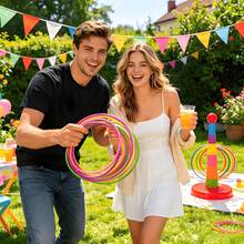 CotTibe 17pcs Set/9 Rings + 1 Base + 7 Towers, Colors Shipped Randomly. A Ring Toss Game Consisting Of Colorful Poles And Multicolored Rings, Perfect For Playing On Outdoor Backyard Lawns. Suitable For Family Parties, Carnivals, And As An Interactive - Multicolor - View 9