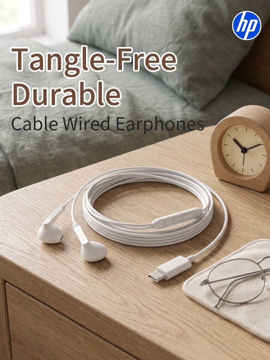 Auriculares con cable semi-intraurales HP DHE-7000A, equipados con interfaces Tipo-C y 3.5mm, sonido estéreo envolvente semi-intraural, baja latencia, con micrófono para cantar/grabar, cómodos para correr - Ver 1