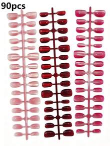 90pcs (3 Styles Mixed) Y2K Short Oval Glossy Nail Stickers, Red And Pink Crystal Cat Eye Acrylic Material, Short Design. - Multicolor - View 8