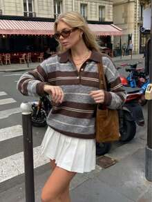 Women's Casual Comfortable Loose Knit Cardigan With Buttons, Long Sleeve Round Neck Sweater, Autumn Back To School Season - Brown - View 4