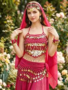 Coin Dangle Forehead Headscarf + Wrist Cuffs + Chest Ornament + Hip Decor, Multi-Scenario Body Decor For Belly Dance Halloween Cosplay Desert Travel Theme Party (Multiple Colors Available) - Multicolor - View 12