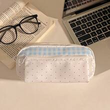 Mixed Plaid & Polka Dot Patchwork Pencil Case, Large Capacity Stationery Storage Bag With 3D Angel Pendant, Double Layer Organizer, Fresh Ins Style Desktop Stationery Storage Pouch, Portable Daily Essentials Organizer - Multicolor - View 11