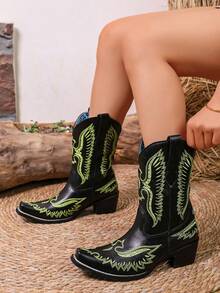 Women's Solid Color Vintage Embroidered Western Boots For Outdoor All Season - Green - View 5