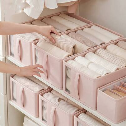 Foldable Fabric Storage Box With Reinforced Support, Stackable Design, Transparent Window, Handle, Wardrobe Clothes Underwear Pants Organizer