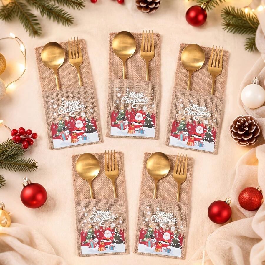 5pcs Christmas Jute Tableware Bags, Reusable, Portable Storage For Cutlery And Napkins, Suitable For Christmas, Birthday Party, New Year, Thanksgiving Decoration