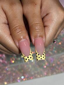 24pcs Mixed Wearable Nail Art Set, Yellow French Tip Polka Dot 3D White Flower Pearl Rhinestone Fake Nails, Reusable Full Coverage Nail Stickers, Includes Jelly Glue And Nail File, For Women - Yellow - View 2