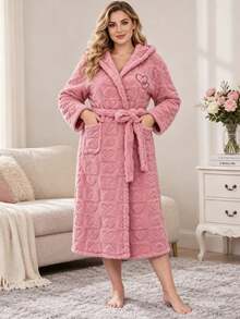 1pc Plus Size Women's Pink Autumn/Winter Soft Style Hooded Bathrobe, Heart Jacquard Tie Waist, Double Pockets, Thick Plush Robe - Pink - View 4