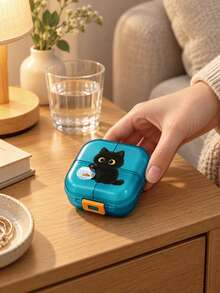 Cartoon Black Cat & Goldfish Round Portable Pill Box, Mini Compartment Medicine Storage Box, Portable Pill & Vitamin Dispenser, Suitable For Daily Commute, Business Trip, Travel, Home Use, Cute & Adorable Desktop Organizer, Personal Pill Dispensing Box - Multicolor - View 6