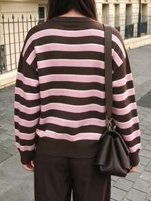 Women's New Autumn/Winter Striped Round Neck Long Sleeve Knit Top For Commuting And Daily Wear - Coffee - View 6