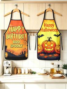 1pc/2pcs/4pcs Happy Halloween Print Kitchen Apron, Pumpkin Ghost Witch Haunted House Pattern Cooking Baking Apron, Halloween Party Costume Decor Apron, Holiday Gift - Multicolor - View 6