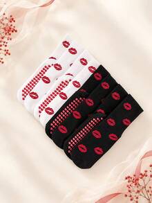 1/4 Pair Women's Heart-Shaped Anti-Slip Silicone Pilates Socks, Red Lip Print Jacquard Mid-Calf Yoga Socks, Suitable For Gym And Daily Wear, Valentine's Day Theme Gift Socks - Multicolor - View 7