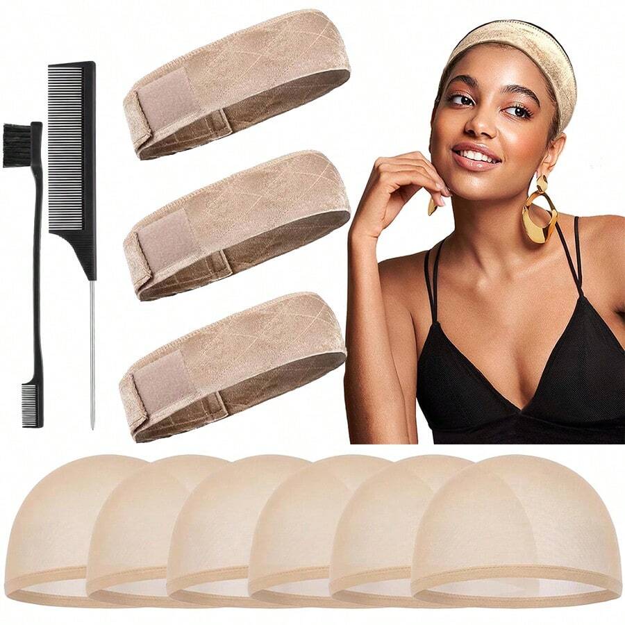 Wig Grip Band And Caps Set, Adjustable Velvet, 3 Bands + 6 Caps - Default - View 1